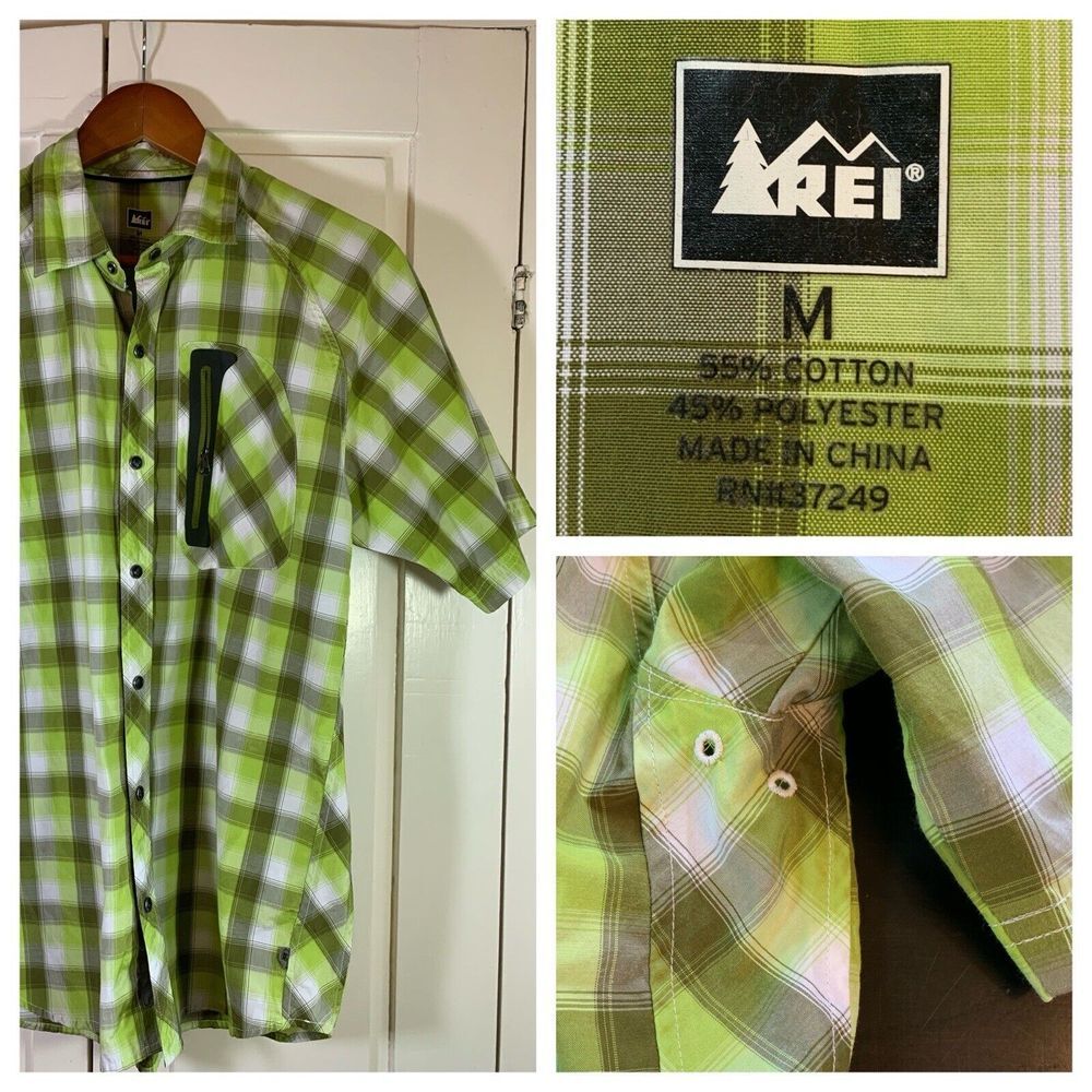 REI Pearl Snap‎ Shirt Men's Medium Green Plaid Fishing Hiking Outdoors Gorpcore
